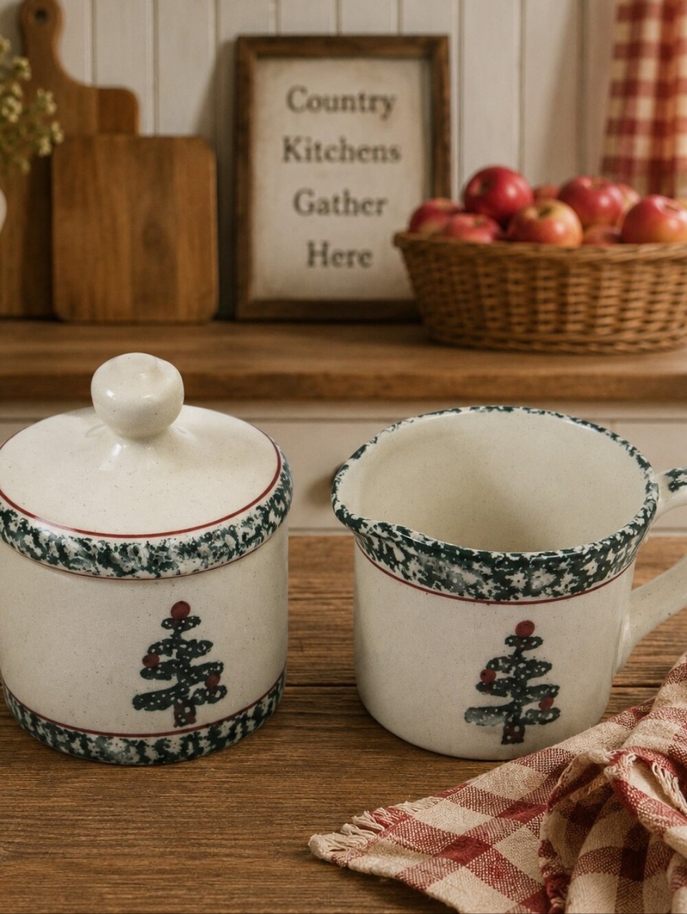 Furio Italy Christmas Tree Sugar Bowl /lid & Creamer Set Vtg  Porcelian Pottery